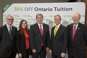From left: UOIT President Tim McTiernan, PhD; Your SA President Amy LaRue; the Honourable Glen Murray, Minister of Training, Colleges and Universities; Durham College President Don Lovisa; and Ajax-Pickering MPP, Joe Dickson. 